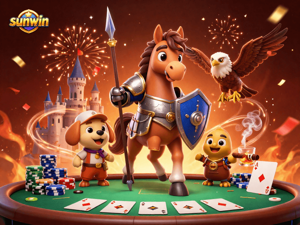 Engage in thrilling gameplay at sunwin with knights, poker, and festive celebrations in a vivid 3D scene.