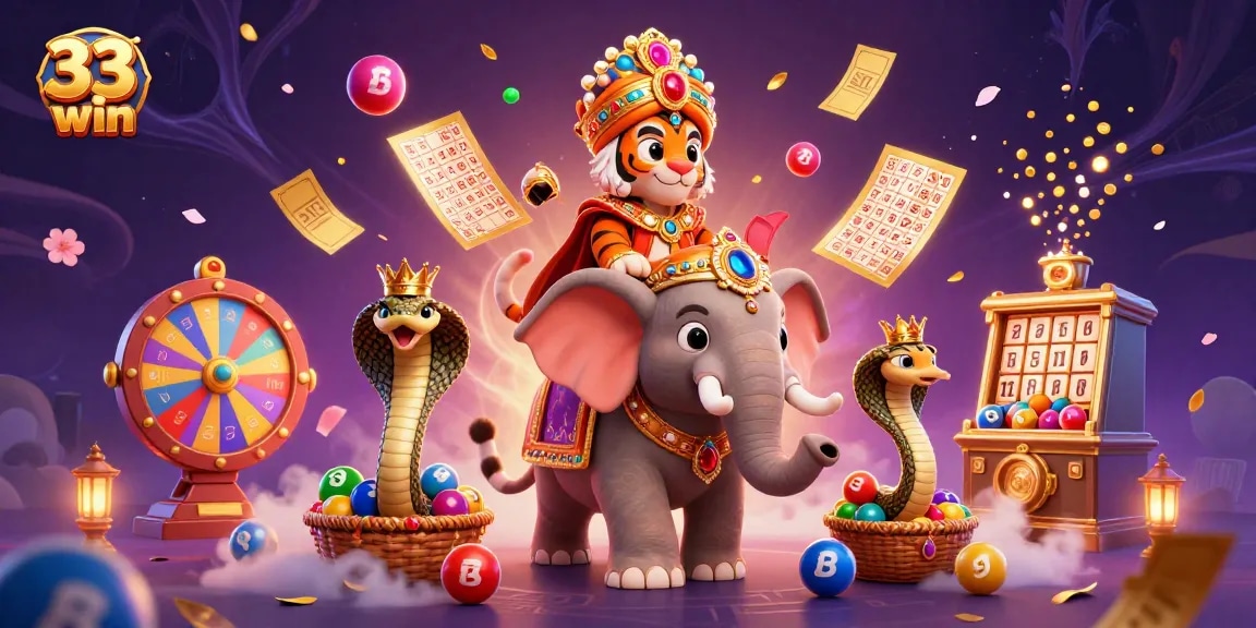 Experience the excitement of 33 win with a vibrant, dynamic 3D lottery scene featuring a tiger and elephant.