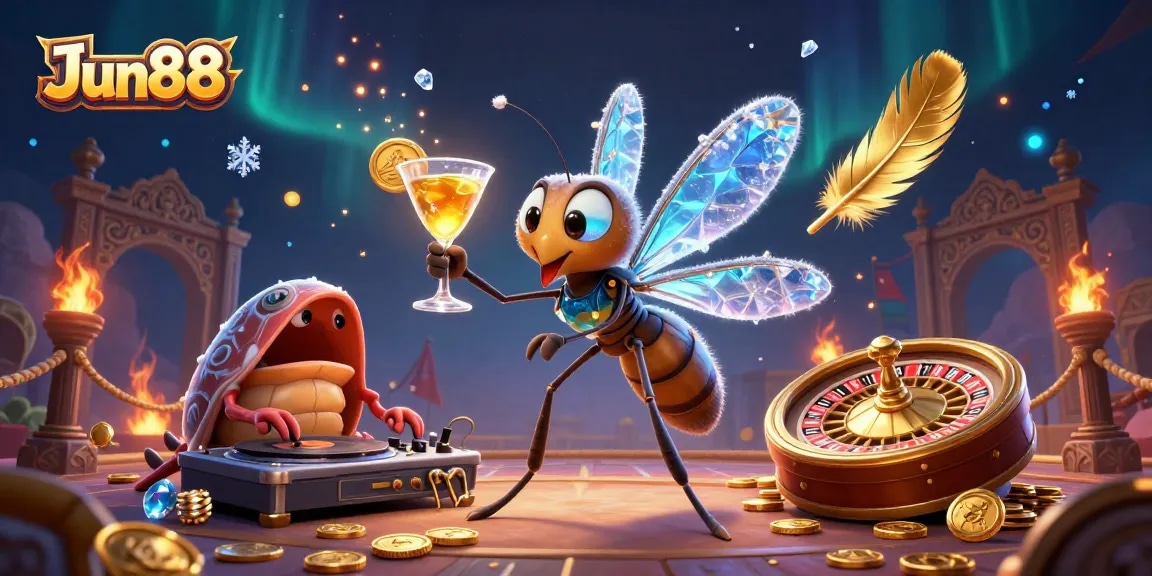 Jun88 brings excitement with a dynamic casino scene: a frozen mosquito mascot, trilobite DJ, and golden roulette.