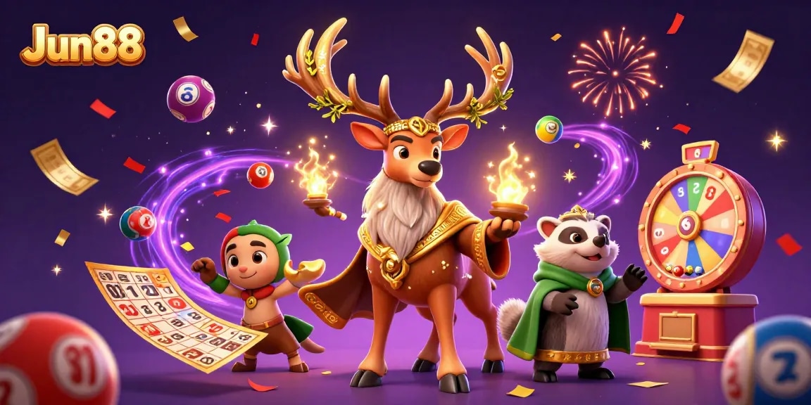 Experience thrilling gameplay with Jun88 as the druid stag and badger celebrate big wins in a vibrant casino world.