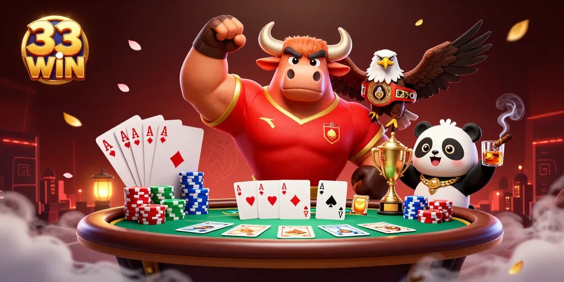 33 win themed illustration with a bull mascot celebrating at a poker table.