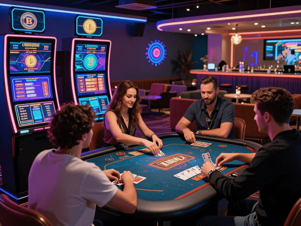 Exciting crypto casino scene with players enjoying interactive gaming and vibrant atmosphere.