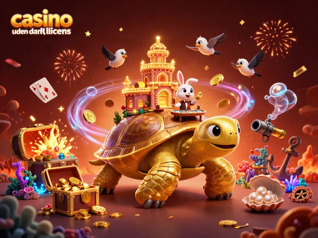 Experience the thrill of casino uden dansk licens with a vibrant 3D illustration of a tortoise casino adventure.