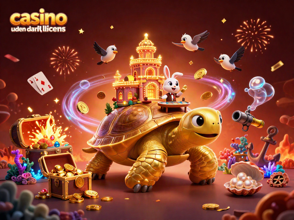 Experience the thrill of casino uden dansk licens with a vibrant 3D illustration of a tortoise casino adventure.