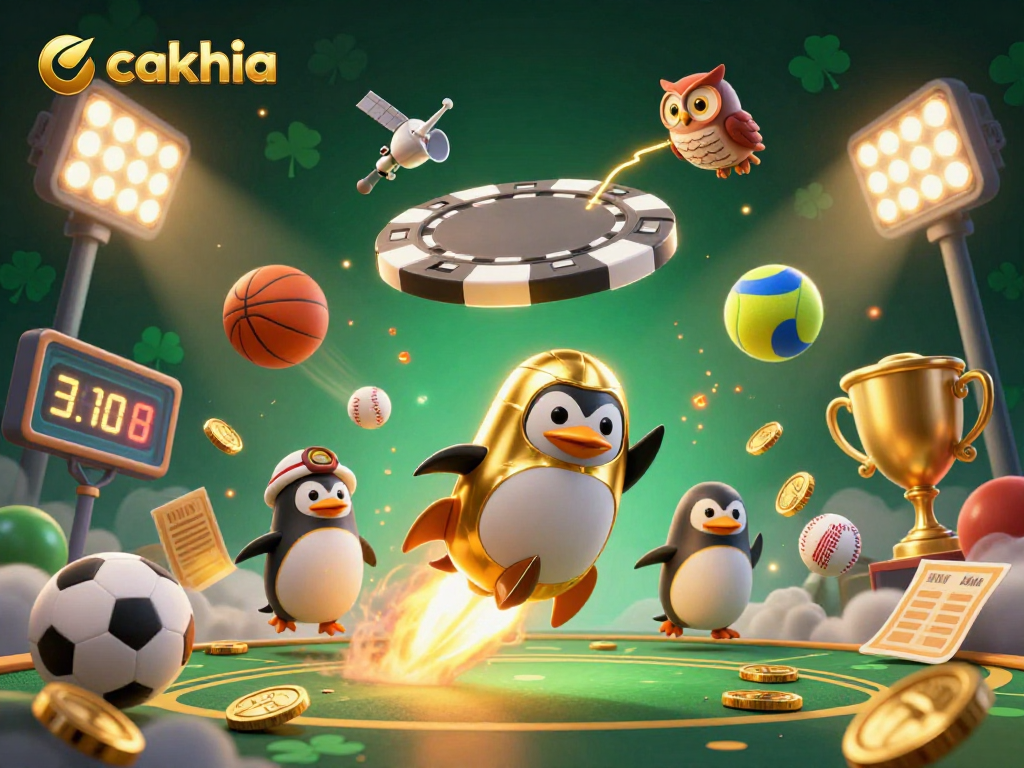 Cakhia showcases a powerful penguin soaring to a casino station, surrounded by sports elements.