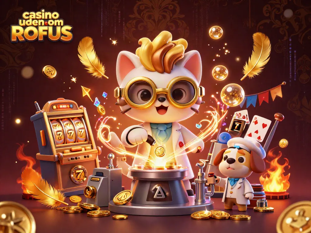 Experience casino uden om ROFUS with a mad scientist cat creating wealth in a vibrant gaming lab.