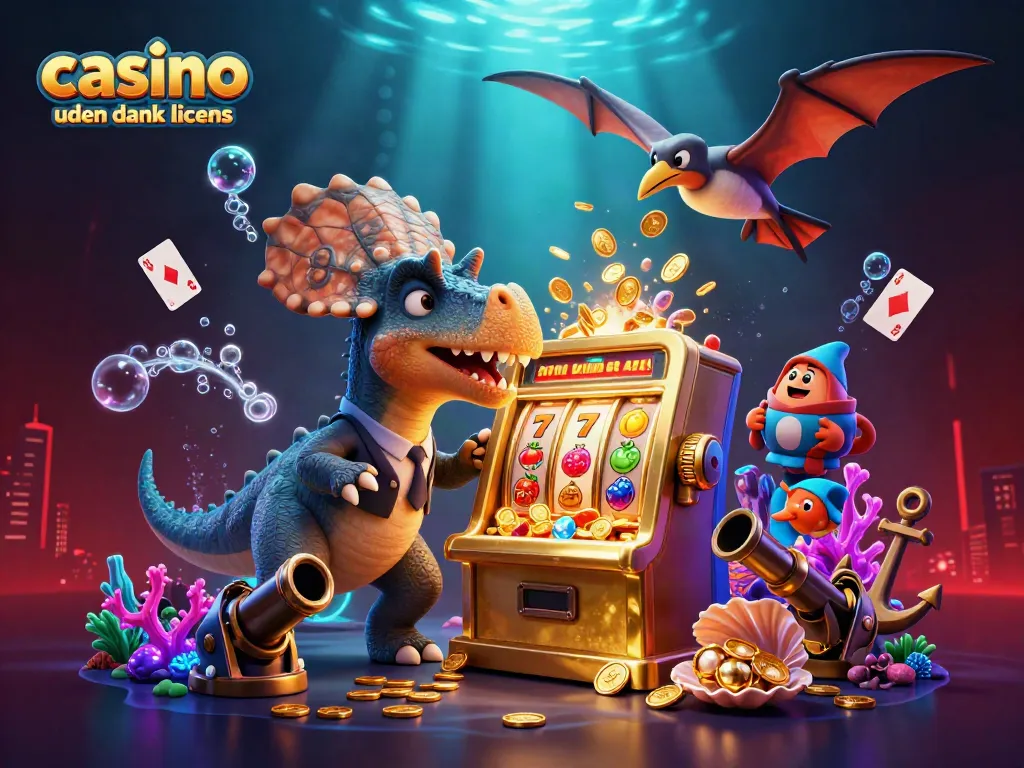 Experience excitement at casino uden dansk licens with a vibrant 3D scene showcasing thrilling wins and animated characters.