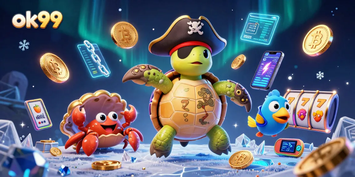 Spin the reels at ok99 with a vibrant pirate-themed scene showcasing lively characters and Bitcoin elements.