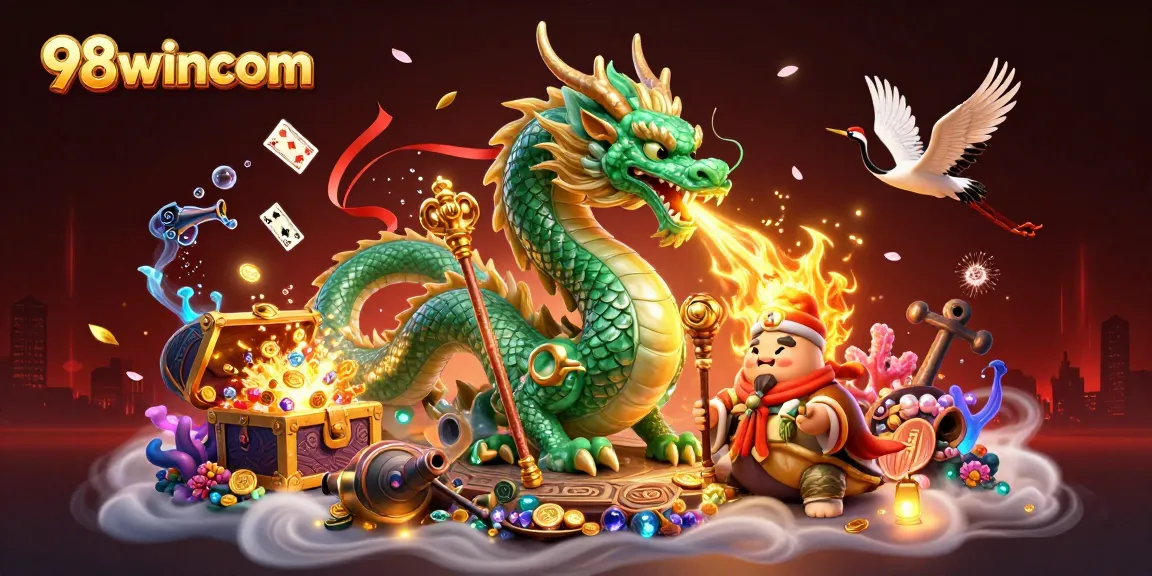 Engage with the thrilling world of 98wincom's casino experience showcasing a vibrant dragon and lucky cranes.