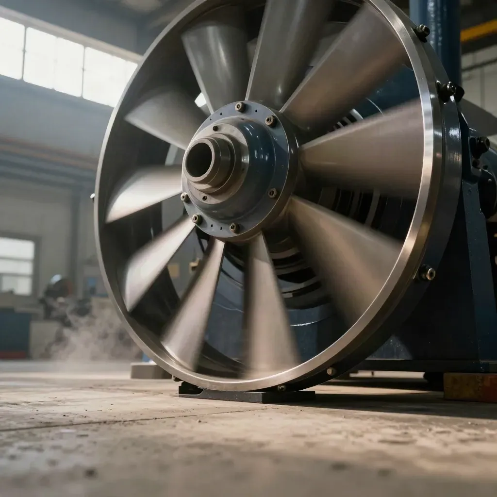 Industrifläktens rotor snurrar jämnt efter balansering i en fabrikshall.