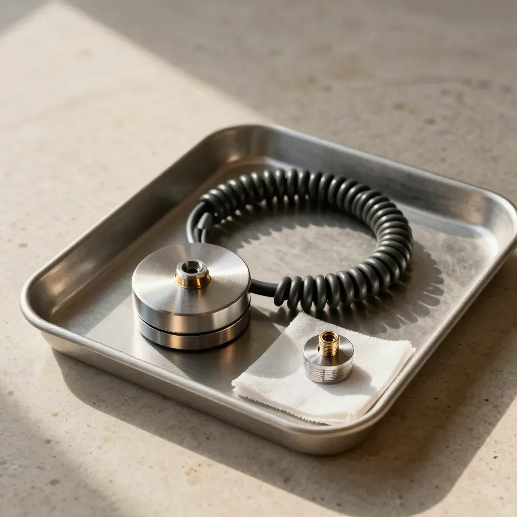 Vibrationskit med puck, kabel och adapter på ljus stenyta.