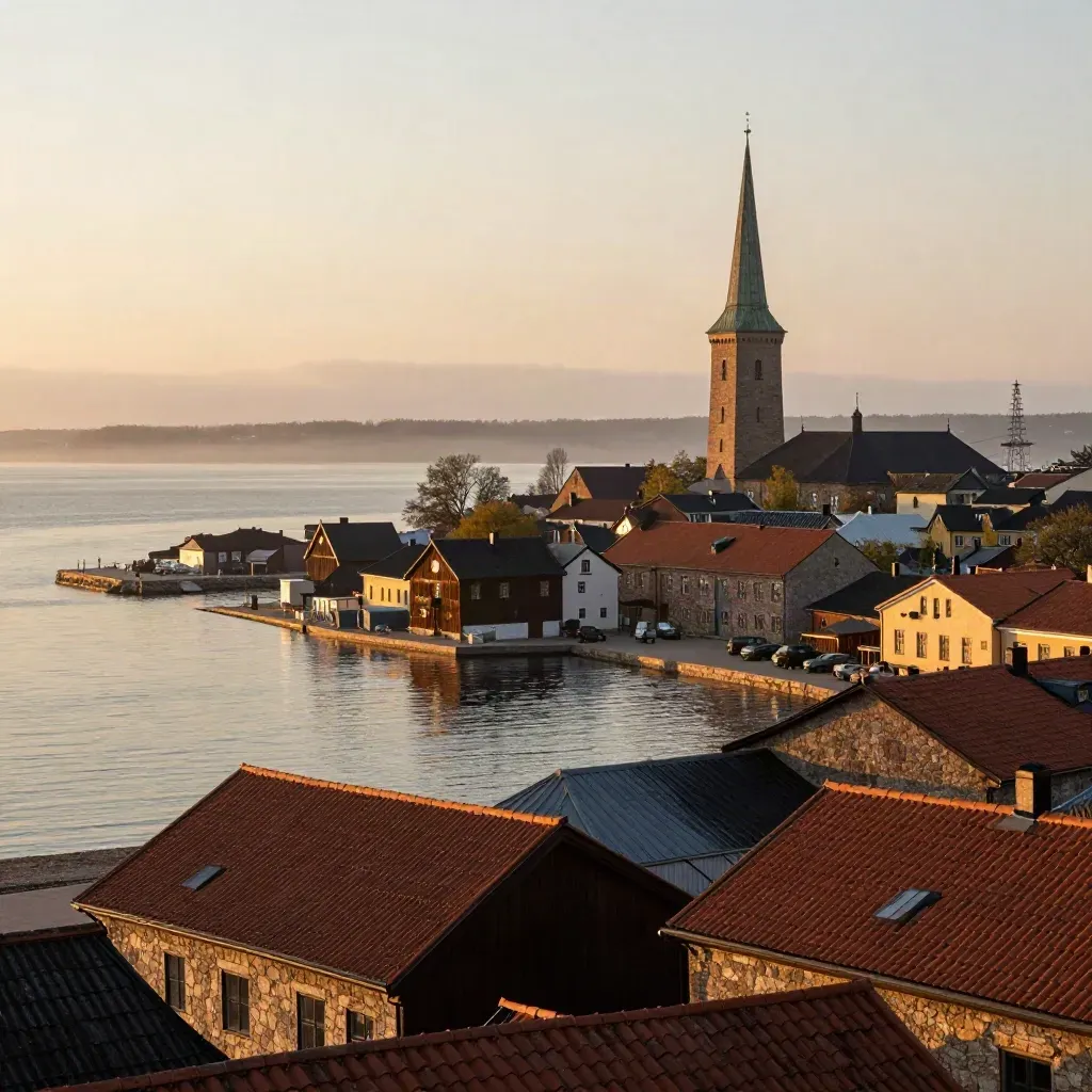 Kärnan och hamntak ovanför Helsingborgs kust i gyllene kvällsljus.