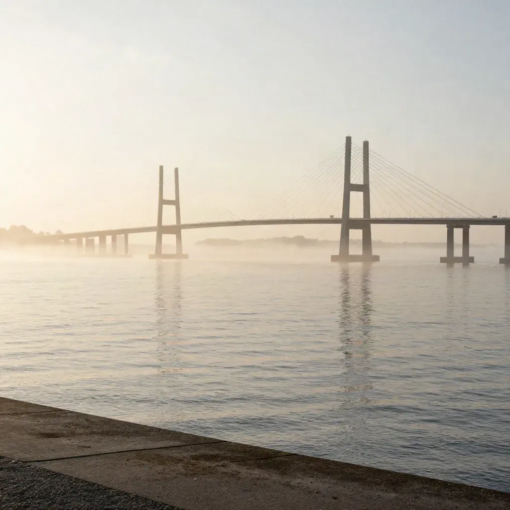 Öresundsbron i morgondimma över stilla vatten vid Malmö, med låg horisont.