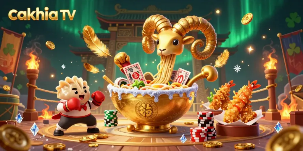 Cakhia TV presents an exciting scene of a giant ramen bowl dealing cards amidst casino elements, showcasing a vibrant gambling atmosphere.