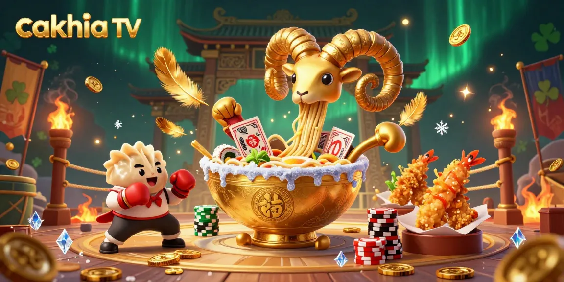 Cakhia TV presents an exciting scene of a giant ramen bowl dealing cards amidst casino elements, showcasing a vibrant gambling atmosphere.