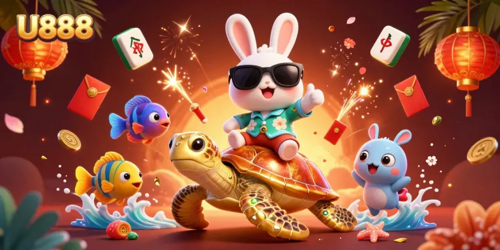 Experience thrilling gameplay with U888, showcased by a lucky rabbit and gold turtle in this vibrant casino scene.