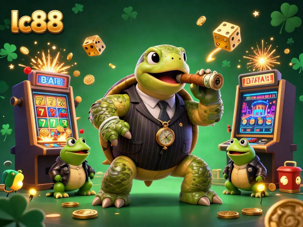Experience the excitement of lc88 with a vibrant 3D casino scene featuring a snapping turtle in a pinstripe suit and dynamic slot machines.