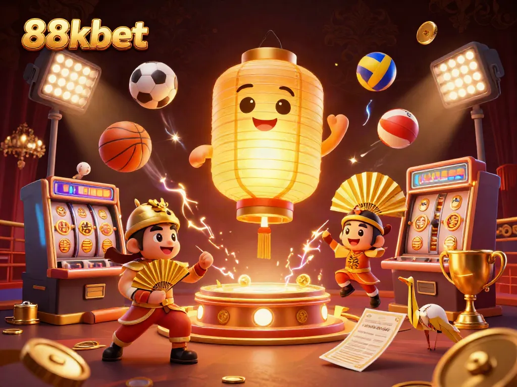 Experience the exciting world of 88kbet with a vibrant casino illustration showcasing a golden lantern spirit and dynamic elements.