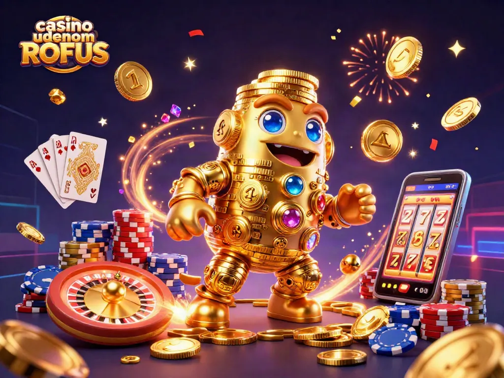 Experience thrilling gameplay with casino uden om ROFUS in a vibrant 3D illustration showcasing gold and gems.