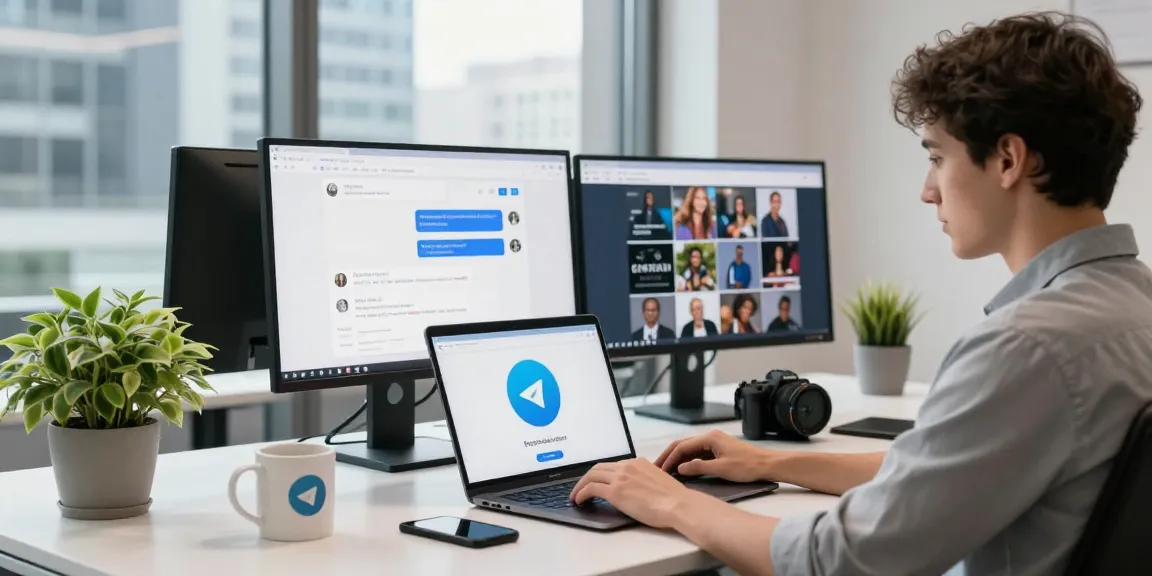 Young professional using the Telegram web version on a laptop in a modern office setting.