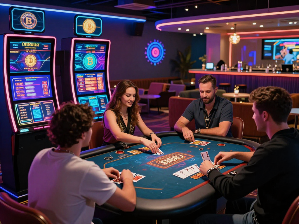 Exciting crypto casino scene with players enjoying interactive gaming and vibrant atmosphere.