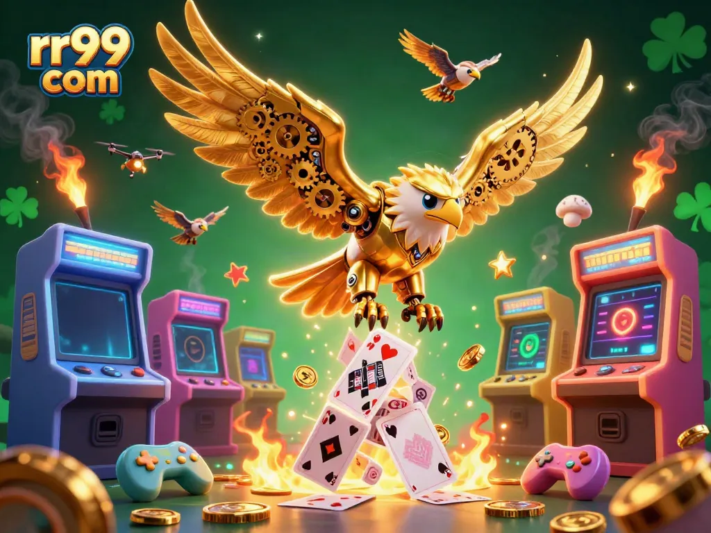 Experience thrilling gameplay with rr99 com, featuring a cybernetic eagle and vibrant casino elements.
