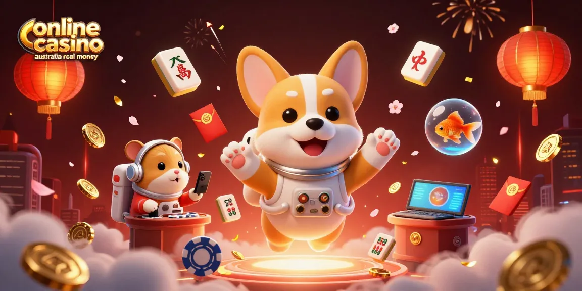 Experience online casino Australia real money with a floating corgi and vibrant game elements!