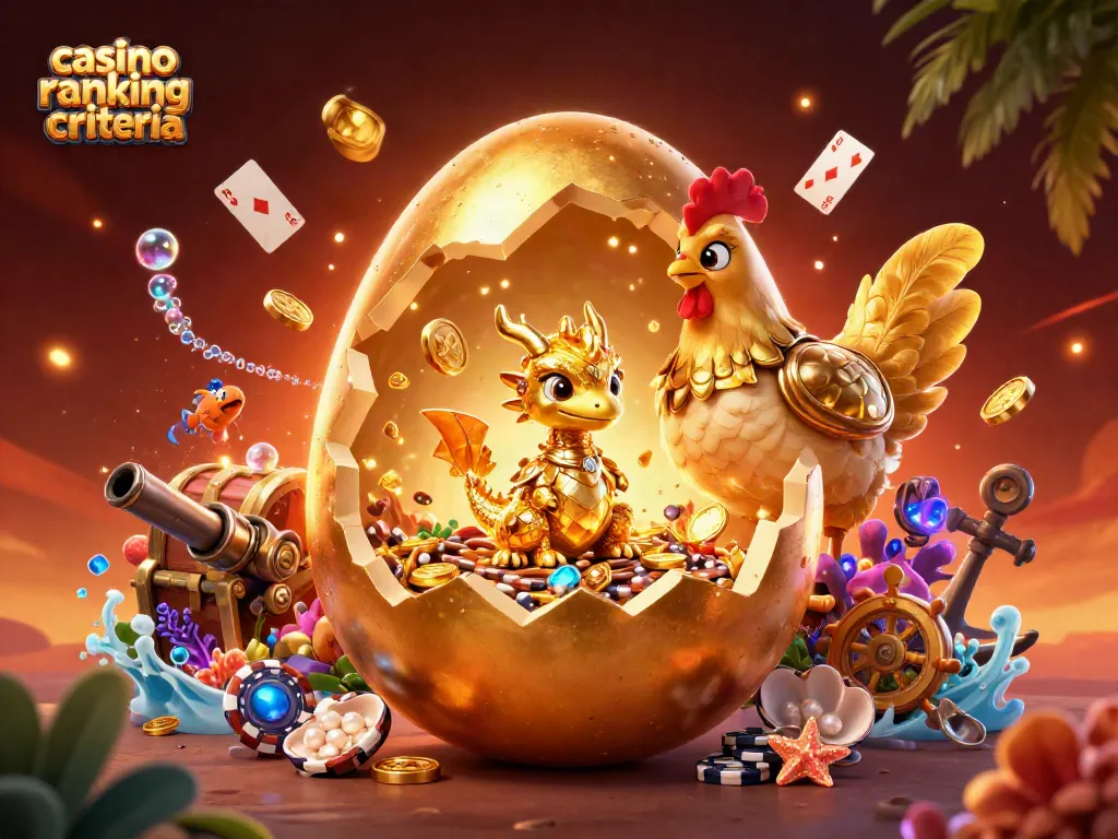 Illustration av casino ranking kriterier med gyllene ägg och pokerchips.