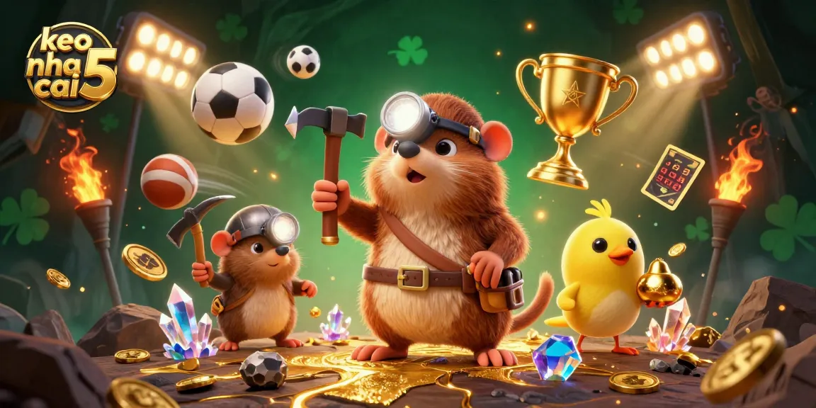 Follow the thrill of keo nha cai 5 as the treasure hunter extracts golden nuggets in a vibrant sports-themed cave.