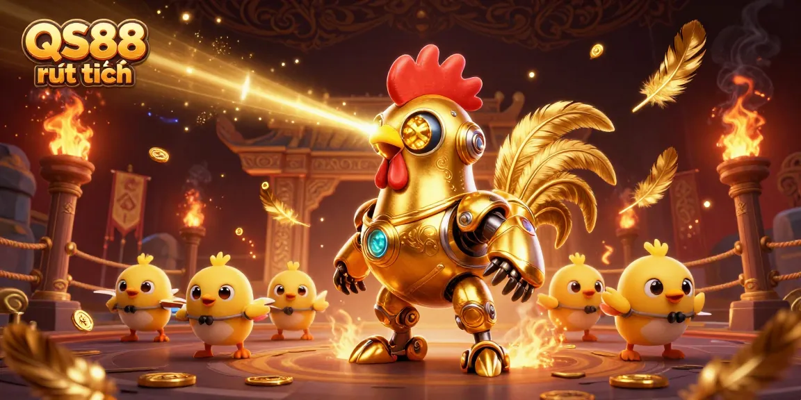 Experience QS88 rút tiền with a dynamic casino-themed illustration featuring golden rooster and drones.