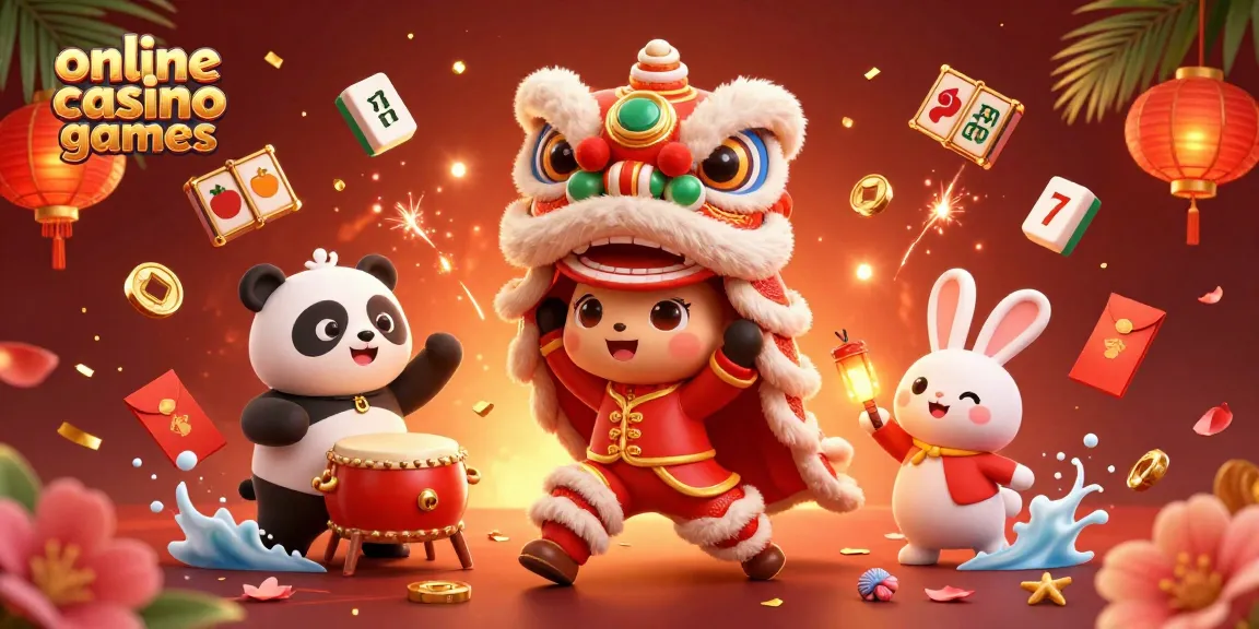 Engage in online casino games with our colorful illustrated characters featuring a lion dance, drum playing panda, and more.